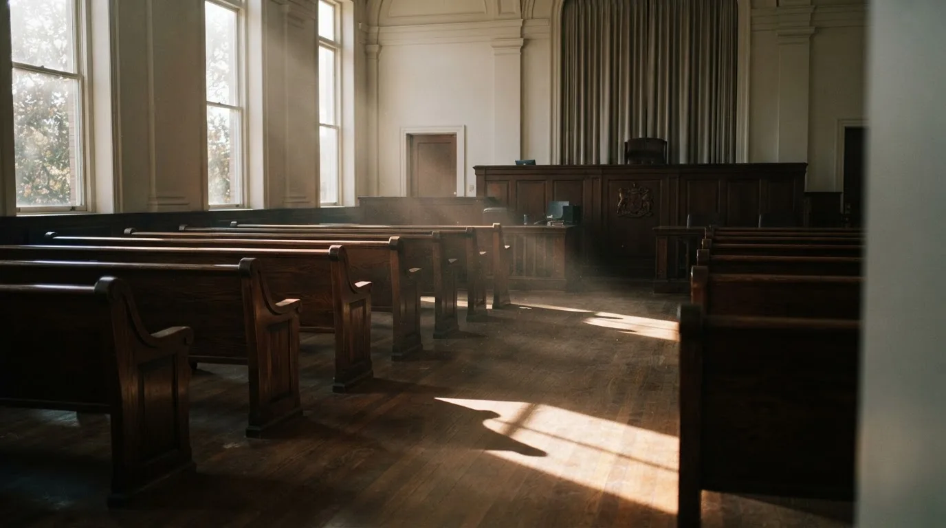 An empty courtroom with wooden benches in morning light