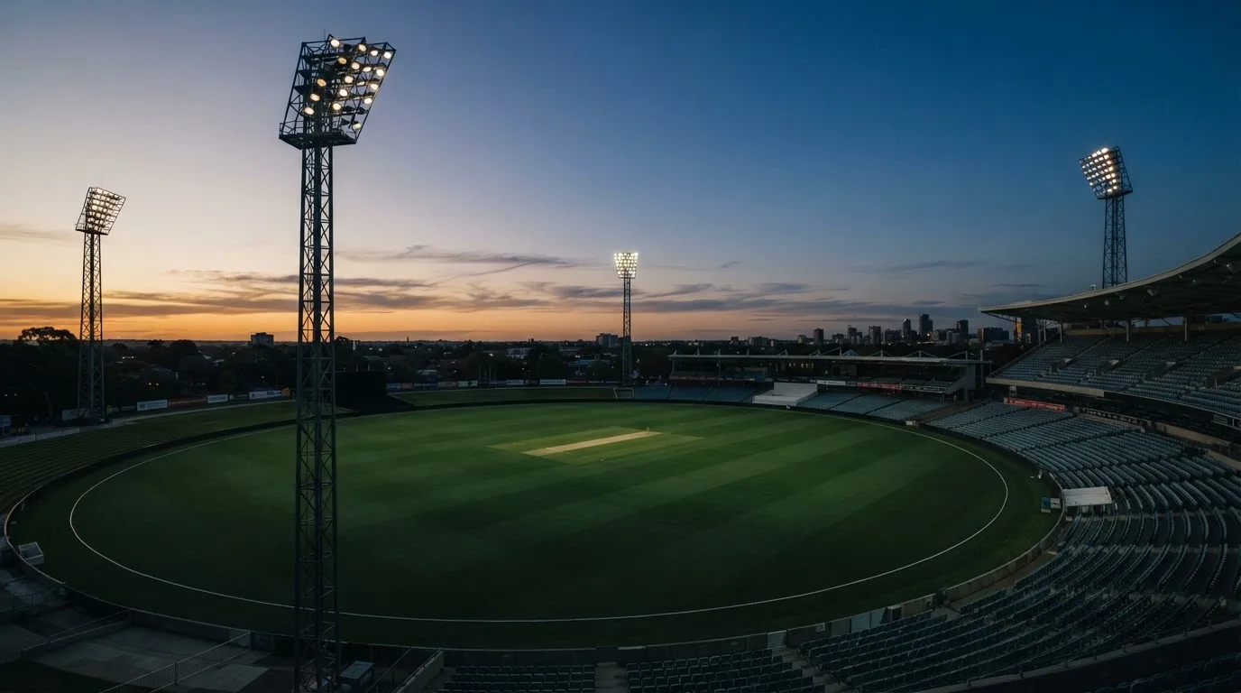 An empty football stadium with floodlight masts at dusk