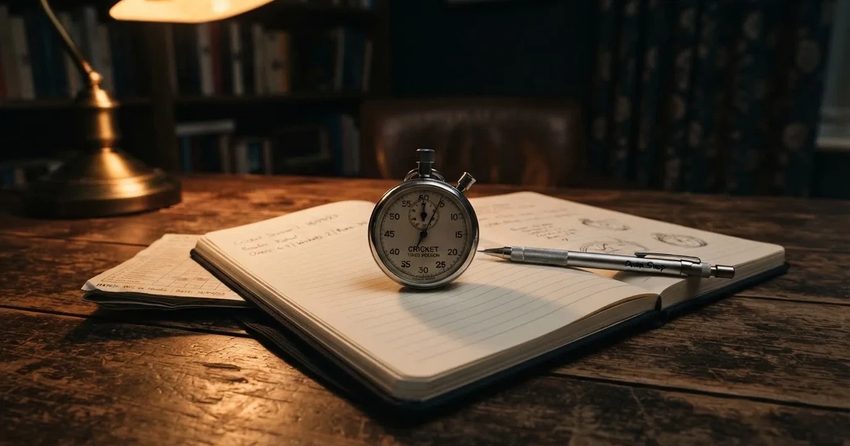 An open notebook with a pencil and a stopwatch on a wooden table