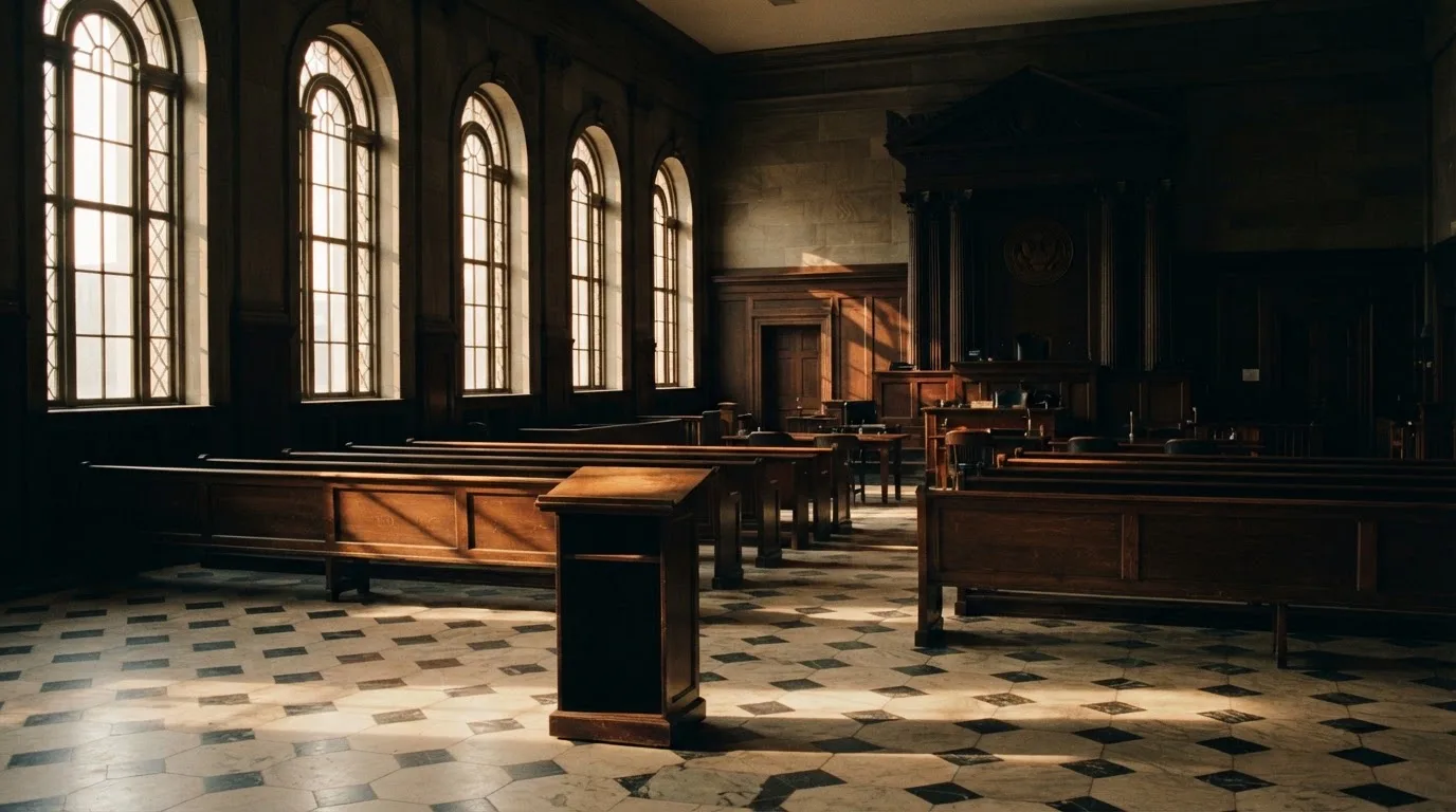 An empty courtroom with wooden benches in morning light