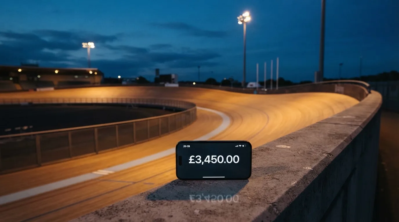 An empty football stadium with floodlight masts at dusk