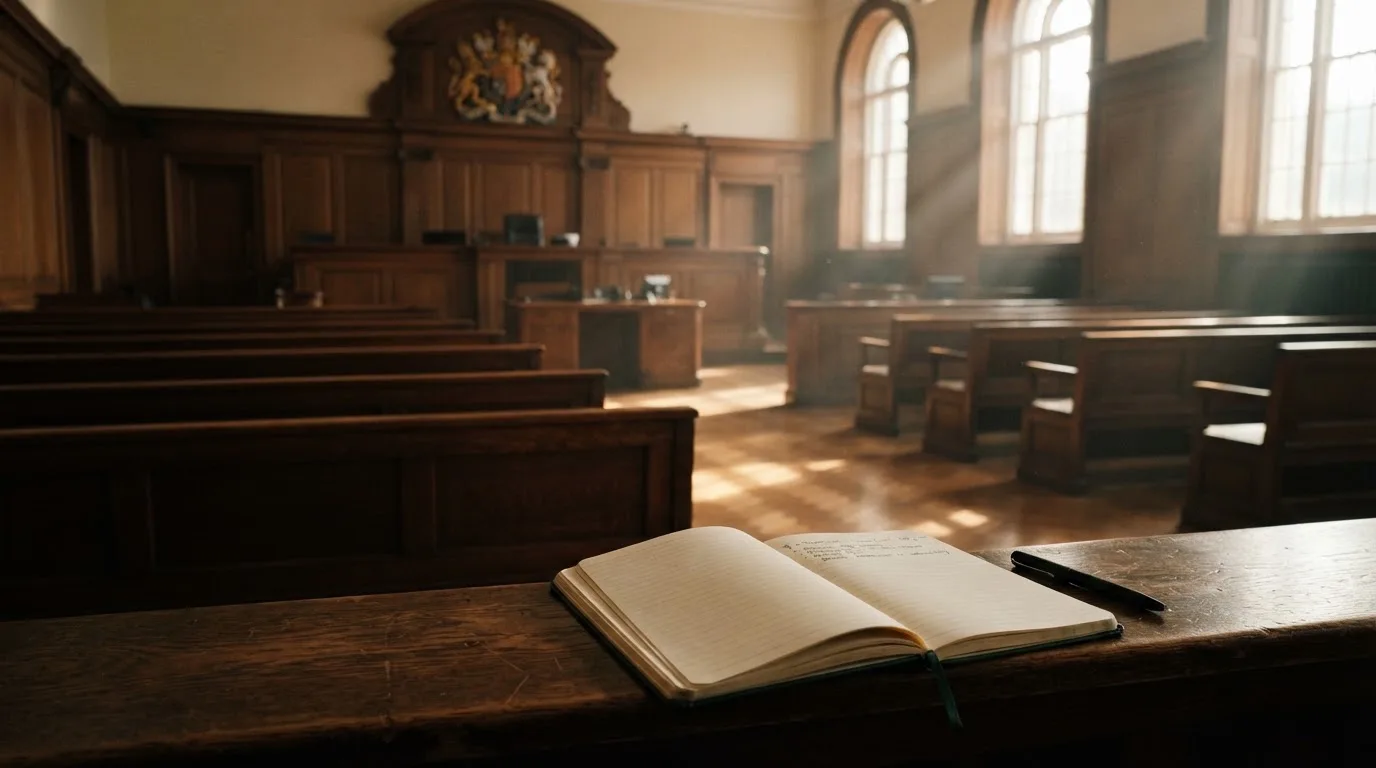An empty courtroom with wooden benches in morning light