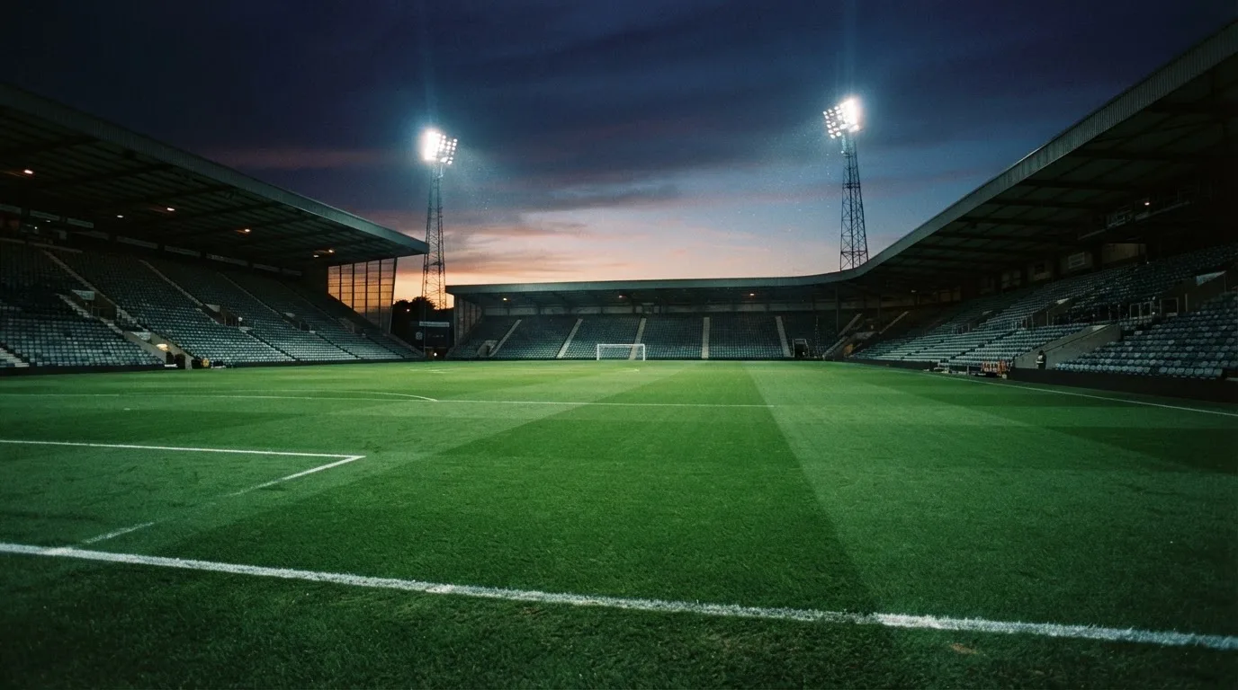 An empty football stadium with floodlight masts at dusk