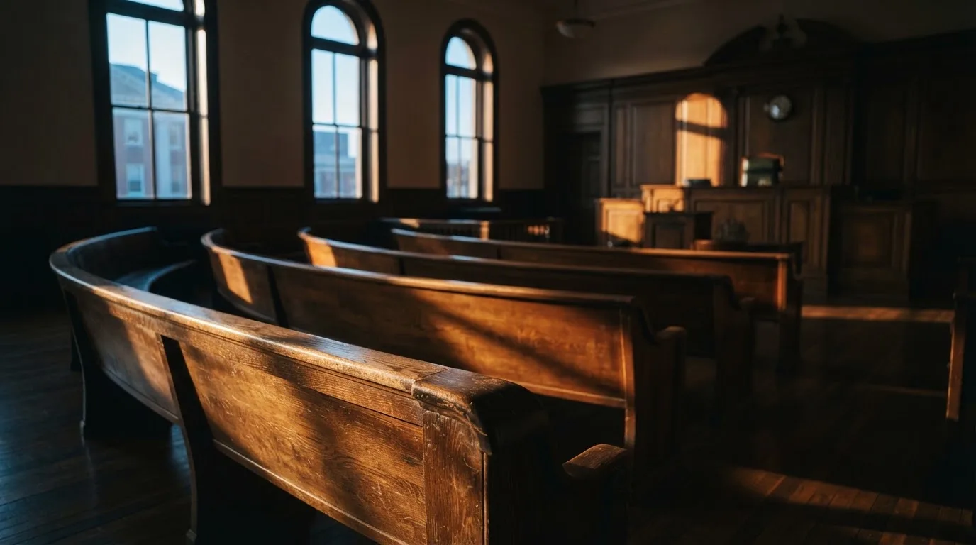 An empty courtroom with wooden benches in morning light