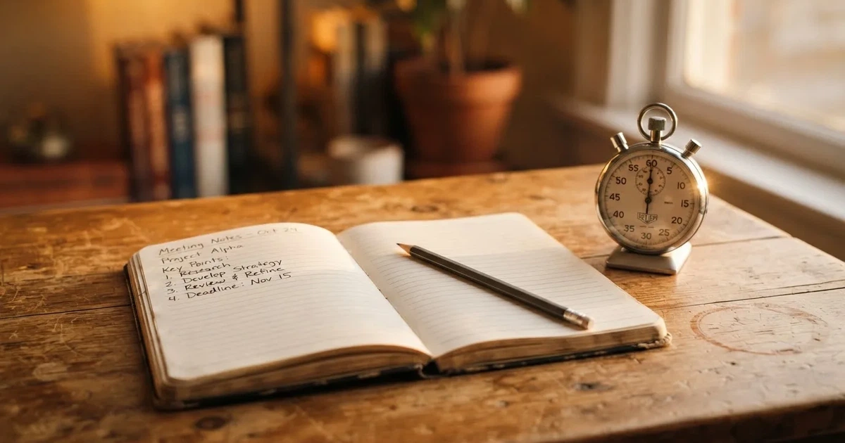 An open notebook with a pencil and a stopwatch on a wooden table