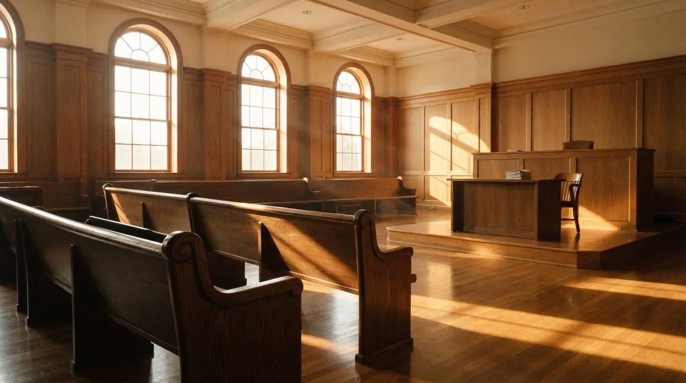 An empty courtroom with wooden benches in morning light