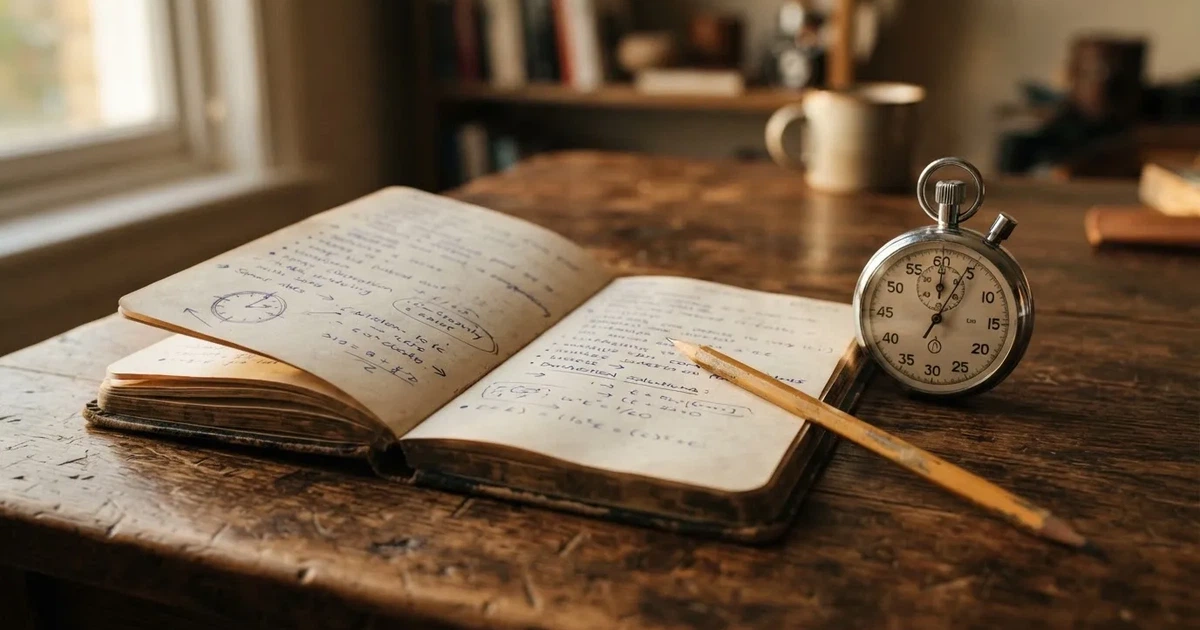 An open notebook with a pencil and a stopwatch on a wooden table