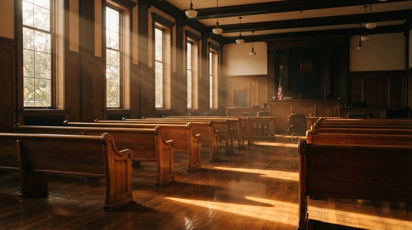 An empty courtroom with wooden benches in morning light
