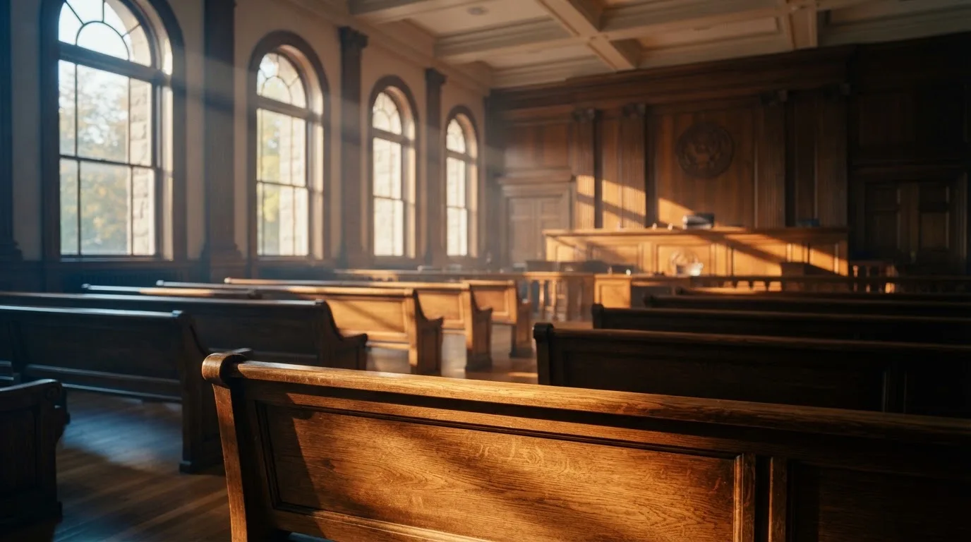 An empty courtroom with wooden benches in morning light