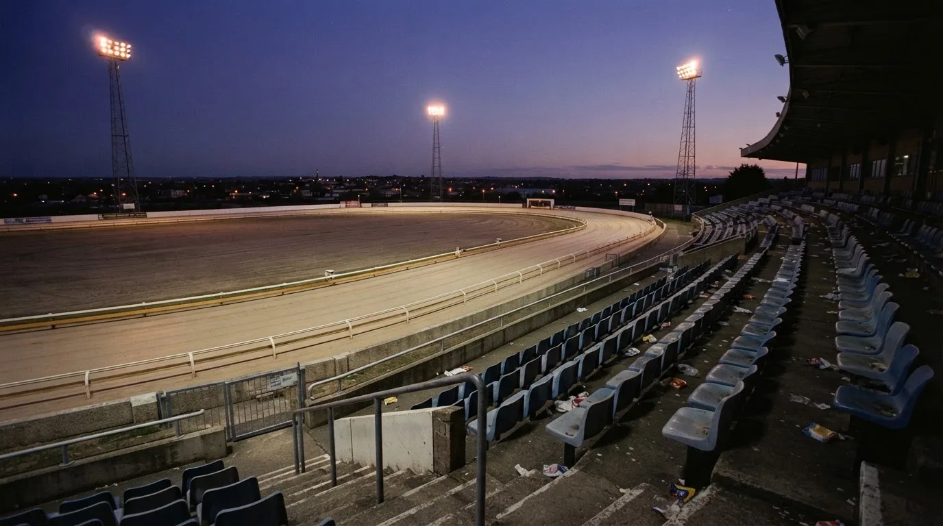 An empty football stadium with floodlight masts at dusk