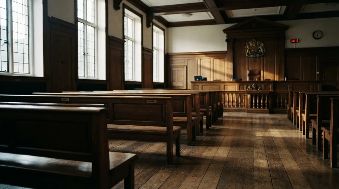 An empty courtroom with wooden benches in morning light