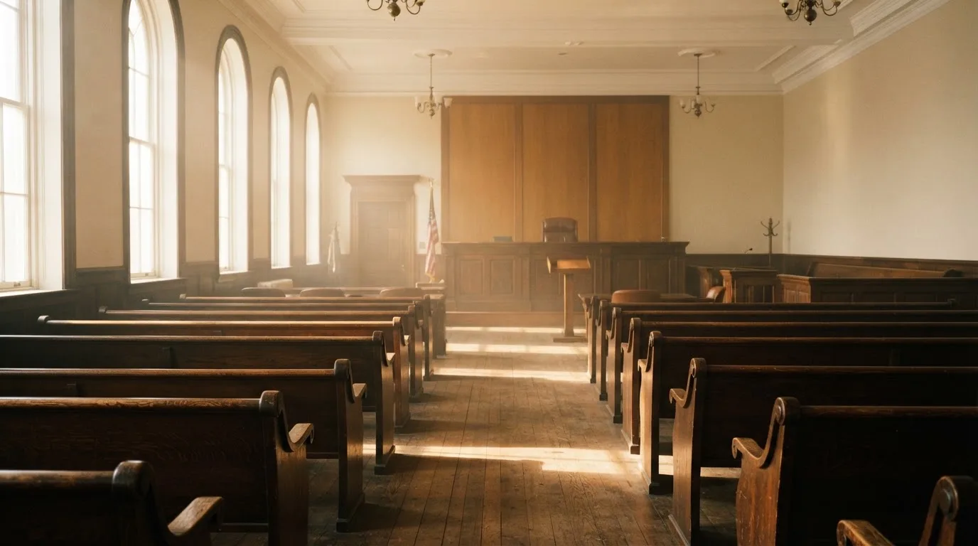 An empty courtroom with wooden benches in morning light