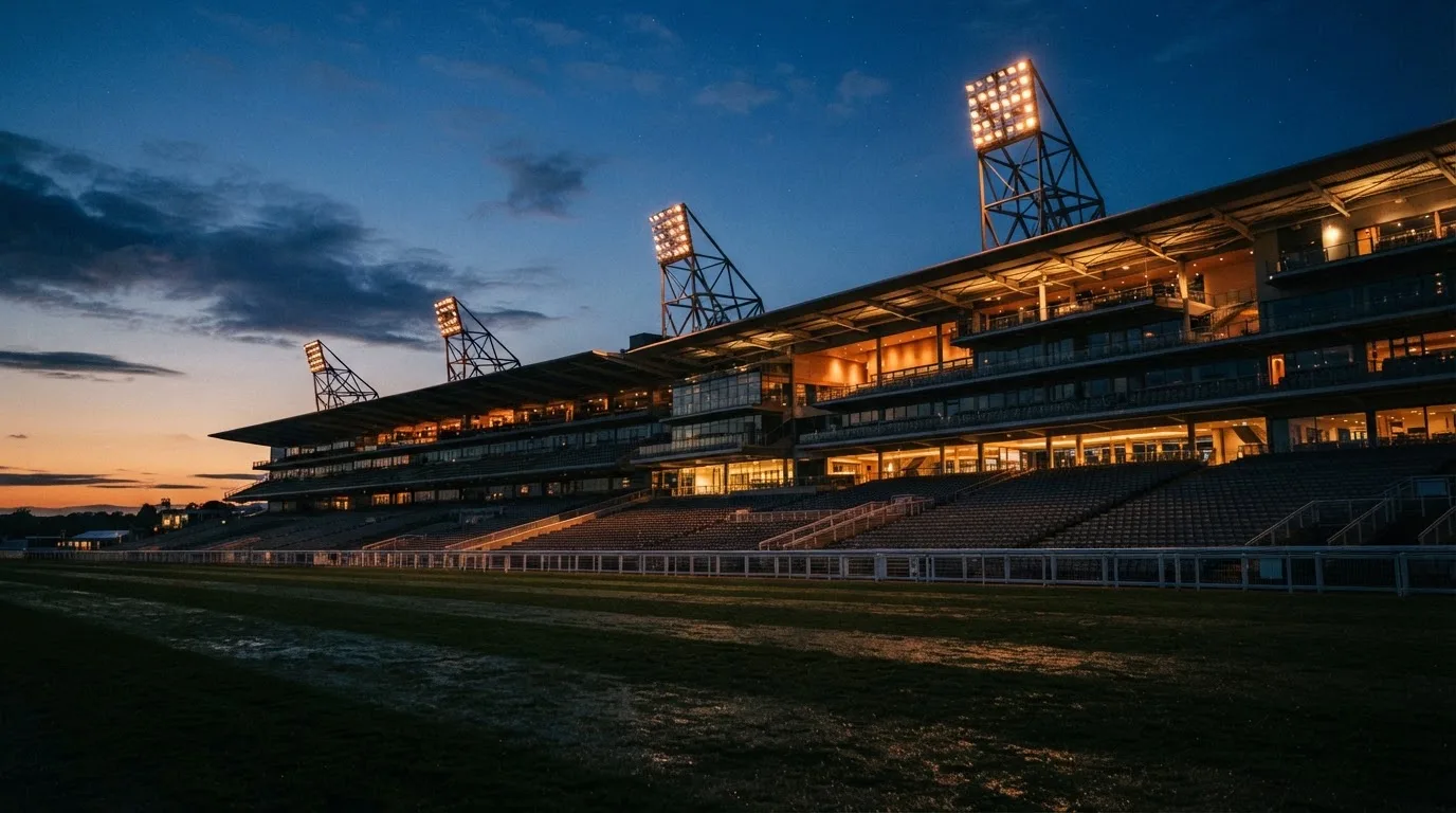 An empty football stadium with floodlight masts at dusk
