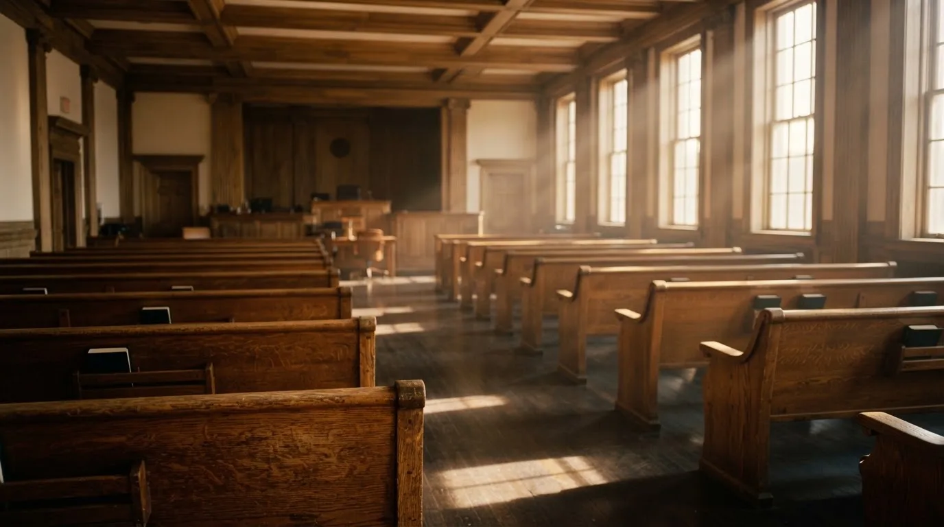 An empty courtroom with wooden benches in morning light