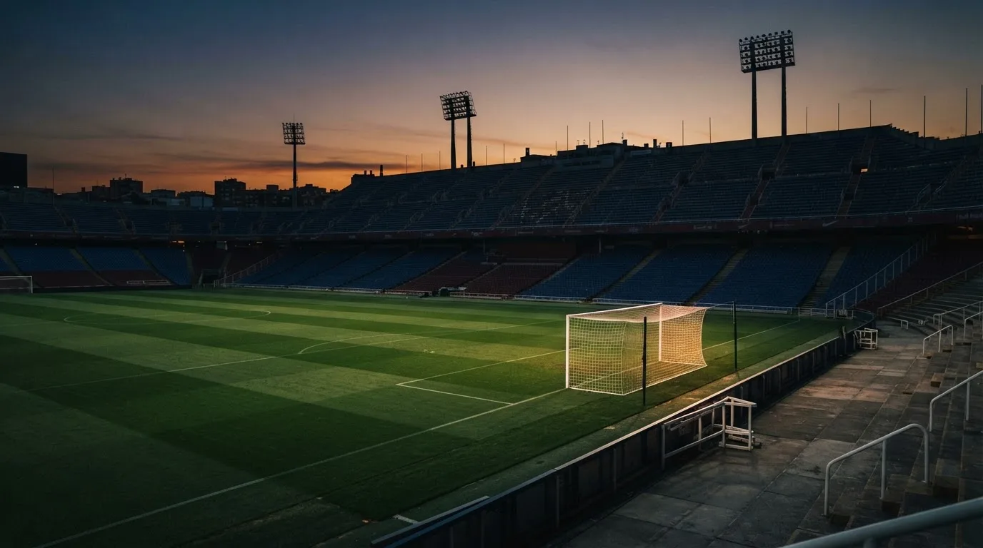 An empty football stadium with floodlight masts at dusk