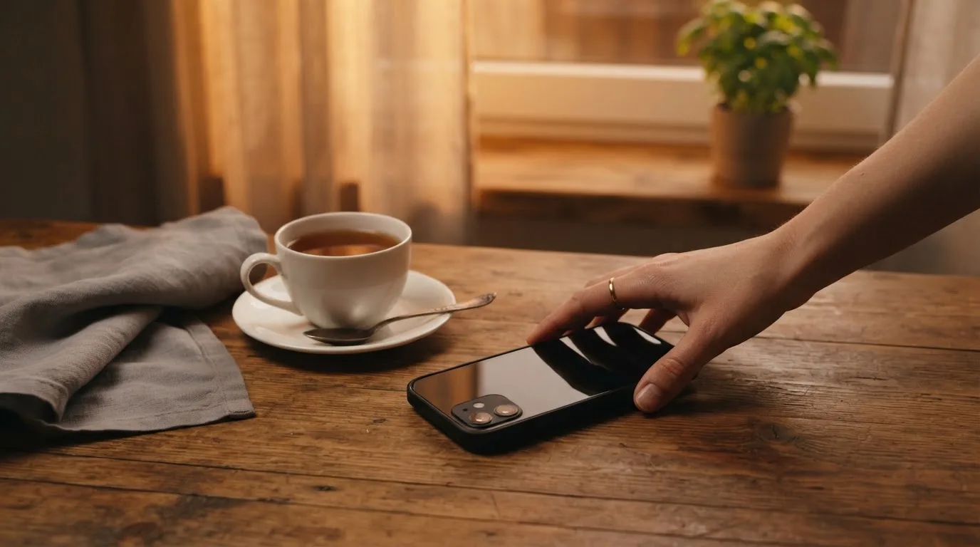 A hand setting a smartphone down beside a cup of tea on a kitchen table on a quiet evening