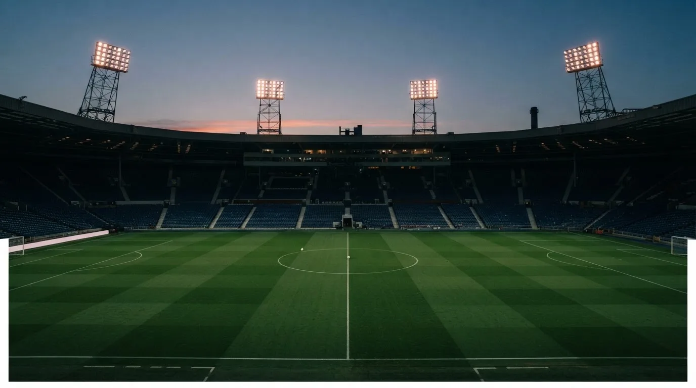 An empty football stadium with floodlight masts at dusk