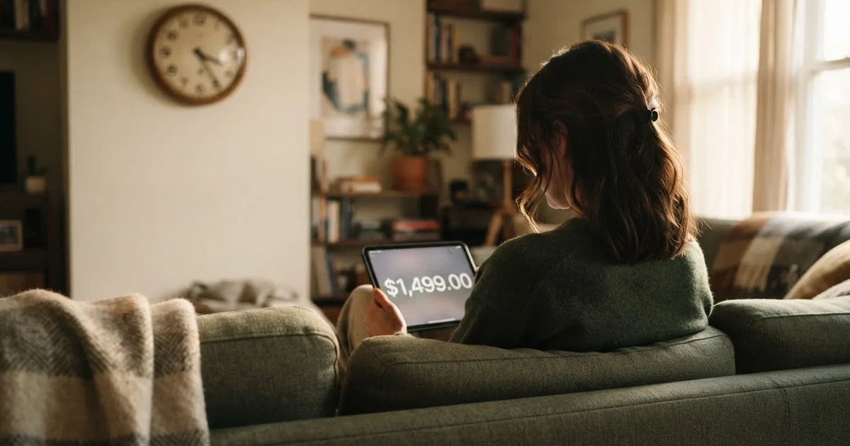A person on a sofa looking thoughtfully at a tablet, a wall clock in the background