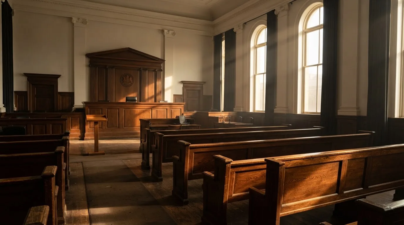 An empty courtroom with wooden benches in morning light