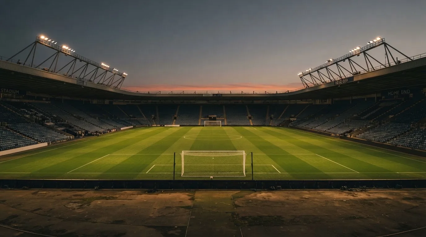 An empty football stadium with floodlight masts at dusk