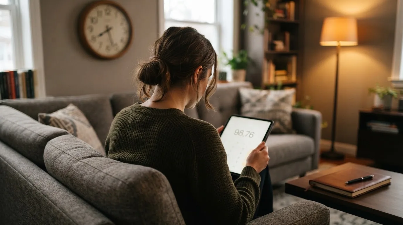 A person on a sofa looking thoughtfully at a tablet, a wall clock in the background