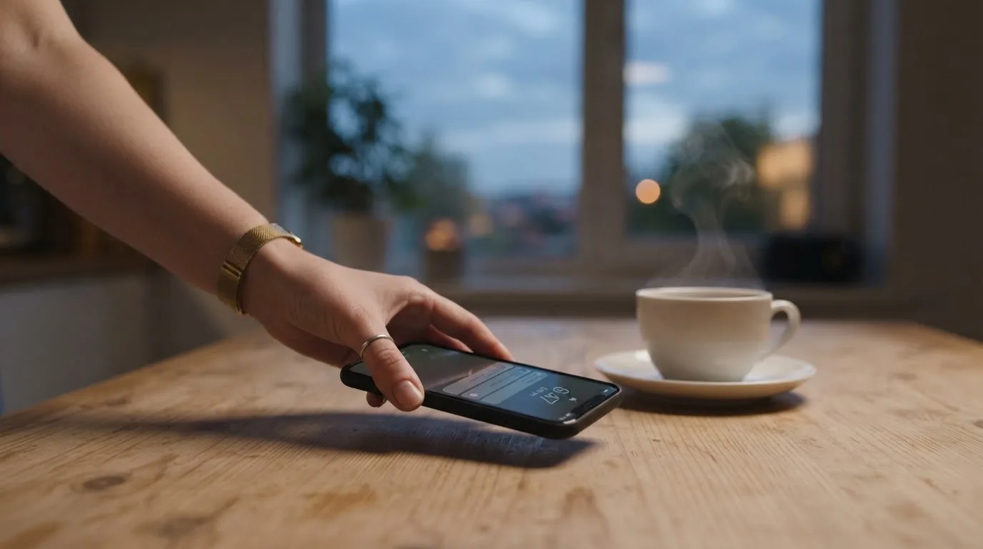 A hand setting a smartphone down beside a cup of tea on a kitchen table on a quiet evening