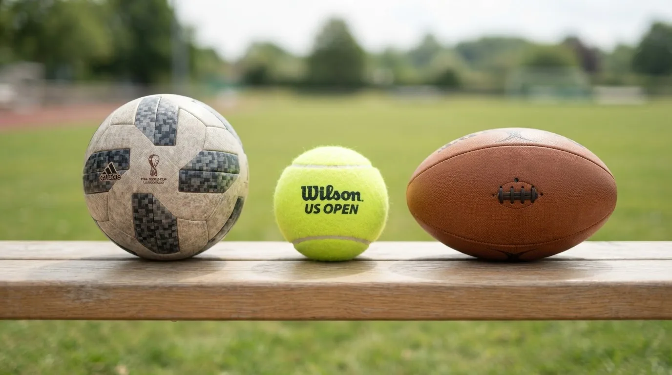 Three balls of different kinds side by side on a wooden bench