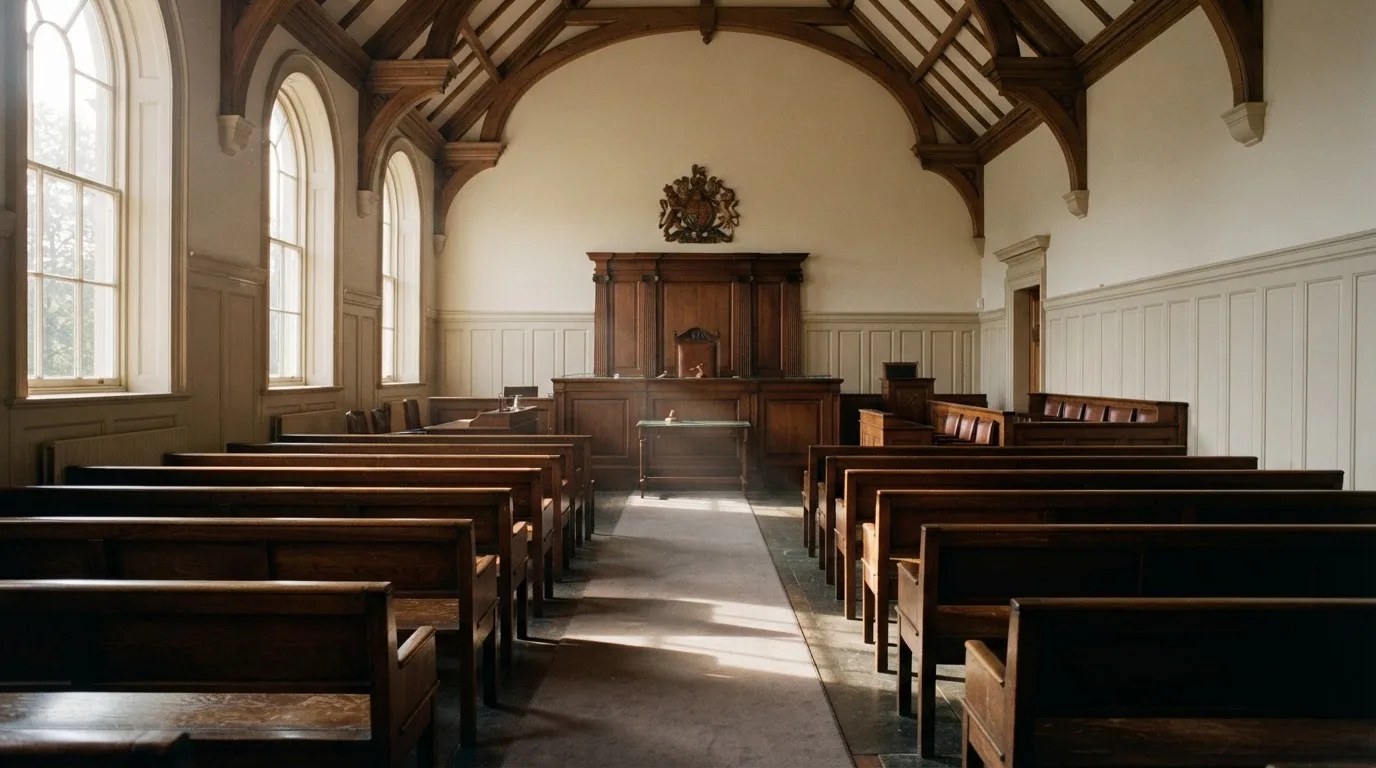 An empty courtroom with wooden benches in morning light