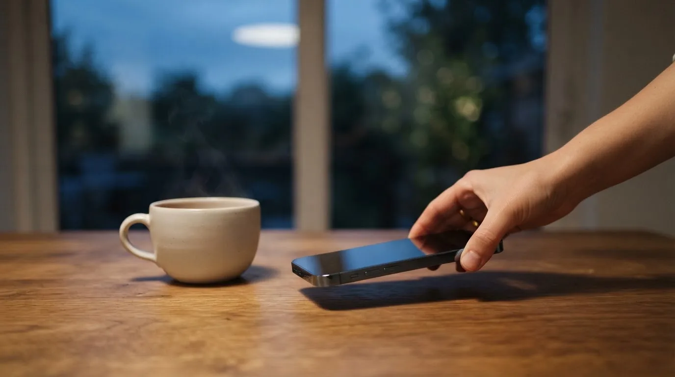 A hand setting a smartphone down beside a cup of tea on a kitchen table on a quiet evening
